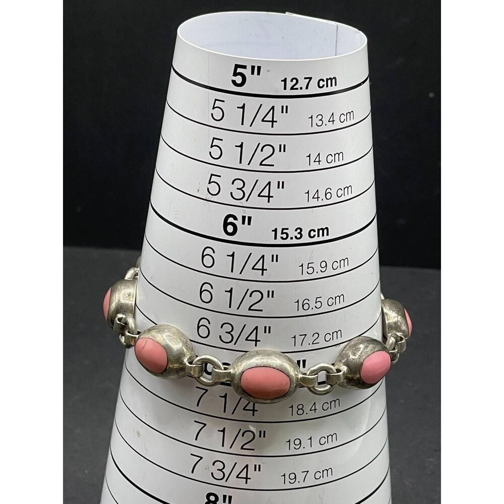 925 Sterling Silver Pink Stone Oval Link Bracelet Vintage Jewelry Piece - Picture 10 of 10